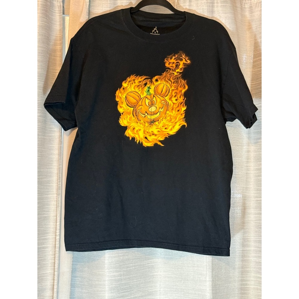Vintage Disney Parks Adult Shirt 2011 Halloween Flamin' Pumpkin Mickey & Pals L